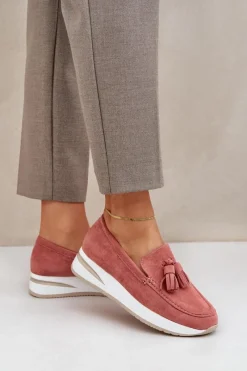 Online Mokasyny Na Delikatnym Koturnie Eko Zamszowe Różowe Challavia Damskie Loafersy Damskie|Mokasyny Damskie Zamszowe