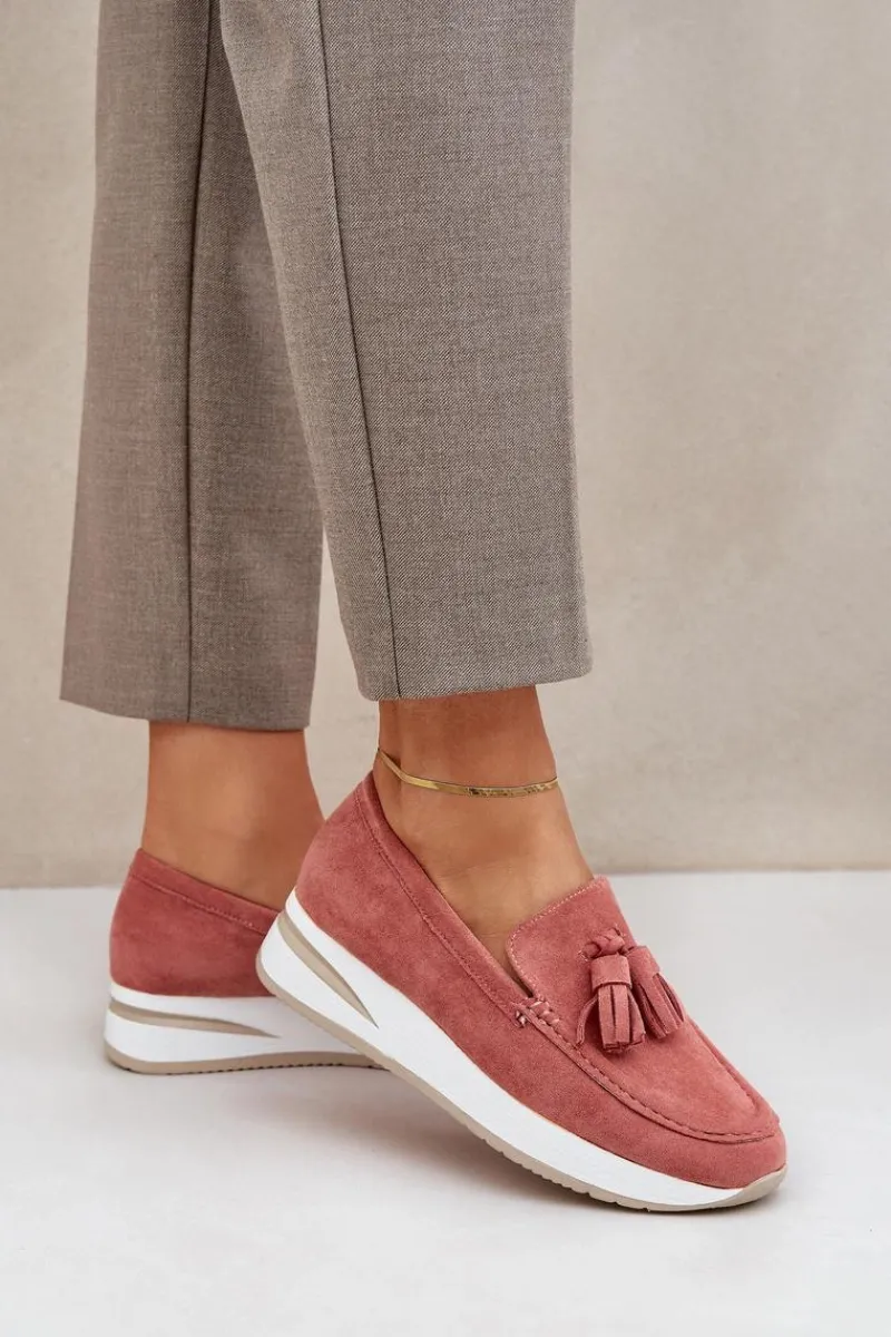 Online Mokasyny Na Delikatnym Koturnie Eko Zamszowe Różowe Challavia Damskie Loafersy Damskie|Mokasyny Damskie Zamszowe
