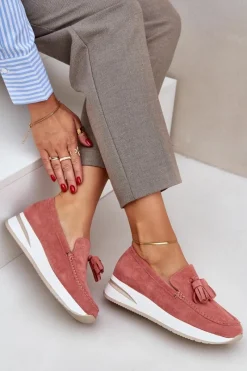 Online Mokasyny Na Delikatnym Koturnie Eko Zamszowe Różowe Challavia Damskie Loafersy Damskie|Mokasyny Damskie Zamszowe