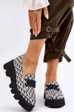 Best Mokasyny Na Masywnej Platformie 2601 Czarno-Białe Damskie Mokasyny Damskie Skórzane|Mokasyny Na Platformie