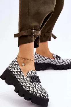 Best Mokasyny Na Masywnej Platformie 2601 Czarno-Białe Damskie Mokasyny Damskie Skórzane|Mokasyny Na Platformie