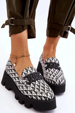 Best Mokasyny Na Masywnej Platformie 2601 Czarno-Białe Damskie Mokasyny Damskie Skórzane|Mokasyny Na Platformie