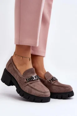 Mokasyny Na Masywnym Obcasie Beżowe Eriella Damskie Mokasyny Damskie Zamszowe