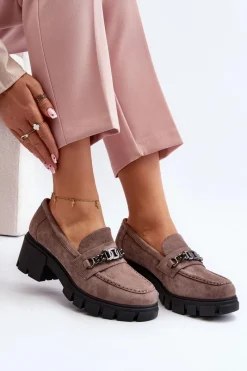 Mokasyny Na Masywnym Obcasie Beżowe Eriella Damskie Mokasyny Damskie Zamszowe