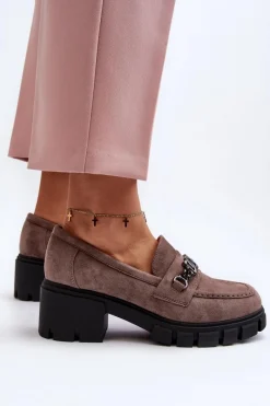 Mokasyny Na Masywnym Obcasie Beżowe Eriella Damskie Mokasyny Damskie Zamszowe