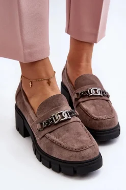 Mokasyny Na Masywnym Obcasie Beżowe Eriella Damskie Mokasyny Damskie Zamszowe