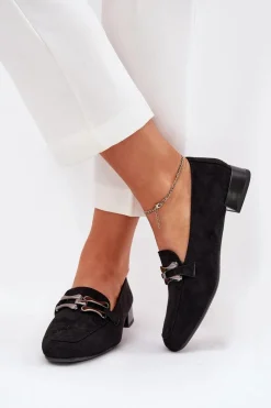 Boto Mokasyny Z Ozdobą Na Delikatnym Obcasie Eko Zamszowe Czarne Pillitha Czarny