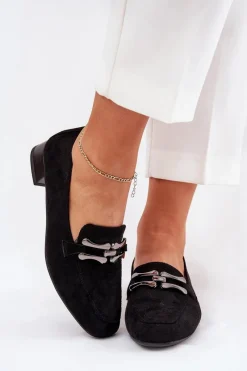 Boto Mokasyny Z Ozdobą Na Delikatnym Obcasie Eko Zamszowe Czarne Pillitha Czarny