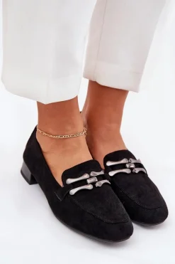 Boto Mokasyny Z Ozdobą Na Delikatnym Obcasie Eko Zamszowe Czarne Pillitha Czarny