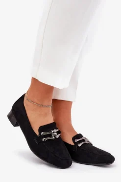 Boto Mokasyny Z Ozdobą Na Delikatnym Obcasie Eko Zamszowe Czarne Pillitha Czarny
