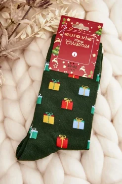 Sale Aura.via Męskie Bawełniane Skarpetki Świąteczne Wzory Ciemnozielone