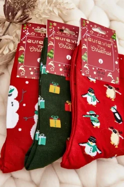 Sale Aura.via Męskie Bawełniane Skarpetki Świąteczne Wzory Ciemnozielone