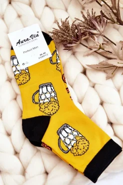 Online Aura.via Męskie Śmieszne Skarpetki Nie Do Pary Piwa I Precle Żółte