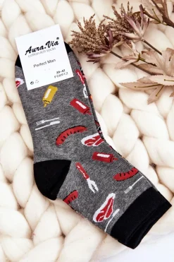 New Męskie Śmieszne Skarpetki Nie Do Pary Grill I Kiełbaski Szare Skarpetki|Skarpetki