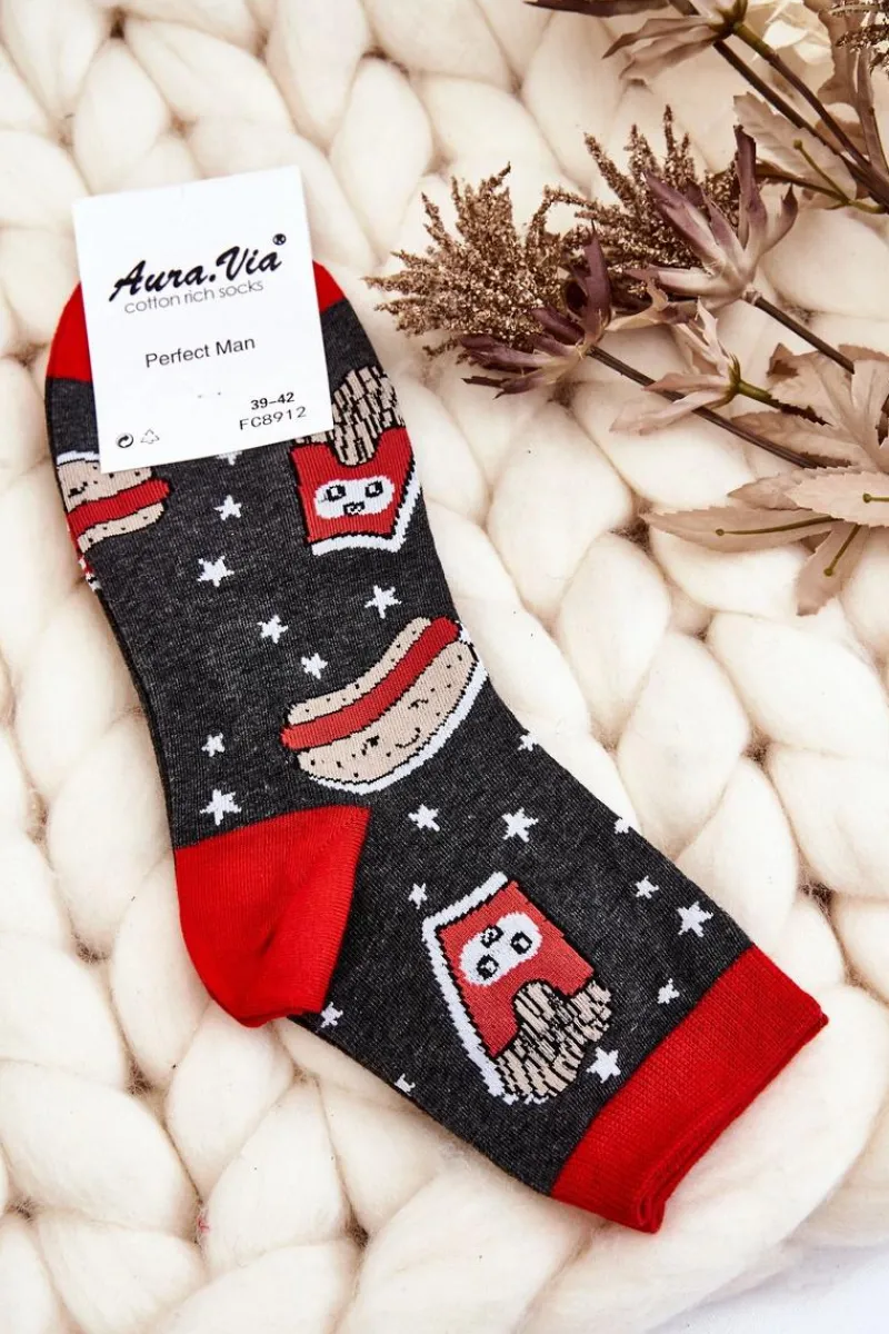 Skarpetki|Skarpetki>Aura.via Męskie Śmieszne Skarpetki Nie Do Pary Hot-Dog I Donut Grafitowe