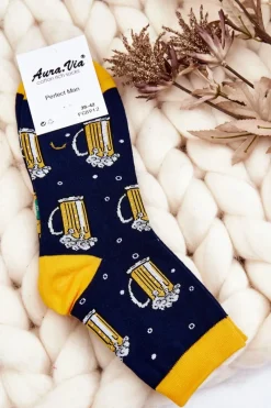 Hot Aura.via Męskie Śmieszne Skarpetki Nie Do Pary Kufel I Butelka Z Piwem Granatowe