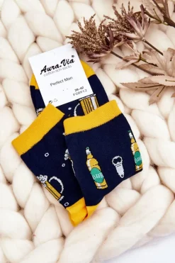 Hot Aura.via Męskie Śmieszne Skarpetki Nie Do Pary Kufel I Butelka Z Piwem Granatowe