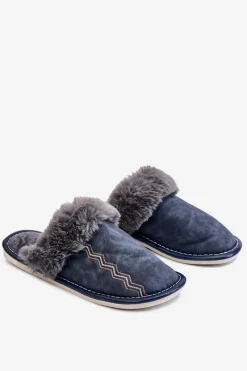 Papcie Męskie>Boto Męskie Ocieplane Papcie Z Futerkiem Granatowe Aron