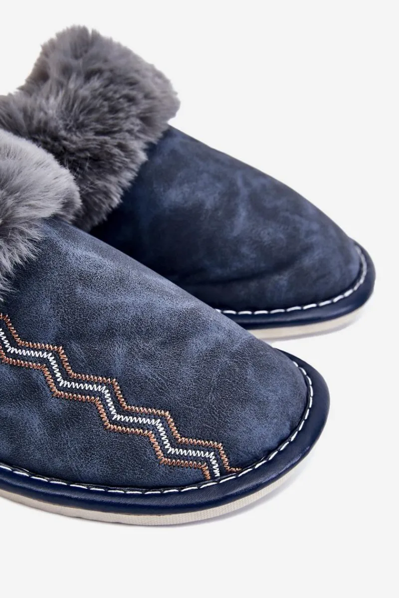 Papcie Męskie>Boto Męskie Ocieplane Papcie Z Futerkiem Granatowe Aron