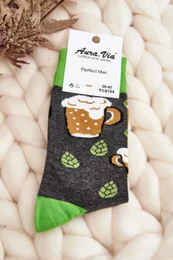 Skarpetki|Skarpetki>Aura.via Męskie Skarpetki We Wzory Piwo Szaro-Zielone Szary