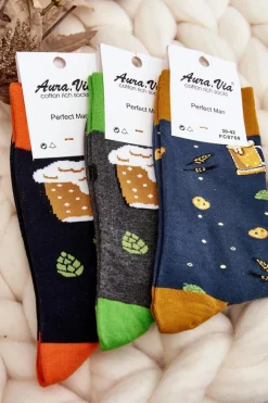 Skarpetki|Skarpetki>Aura.via Męskie Skarpetki We Wzory Piwo Granatowe