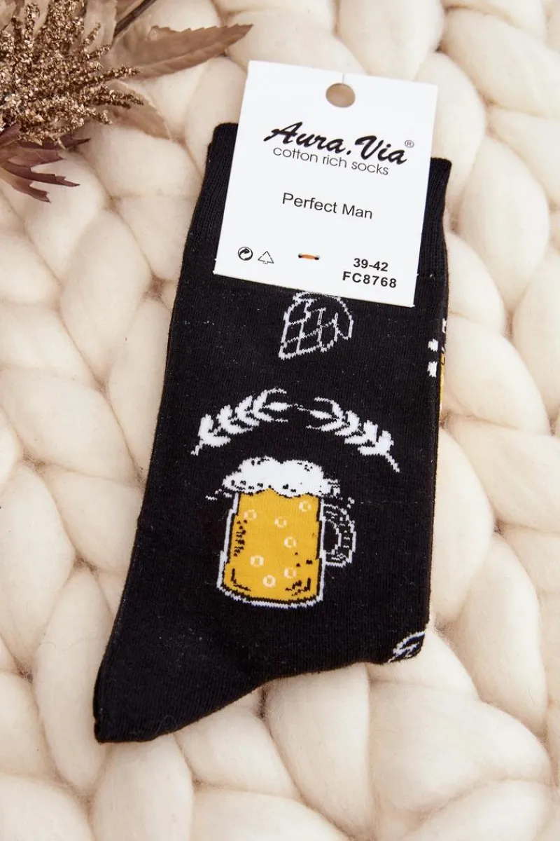 Outlet Aura.via Męskie Skarpetki We Wzory Piwo Czarne