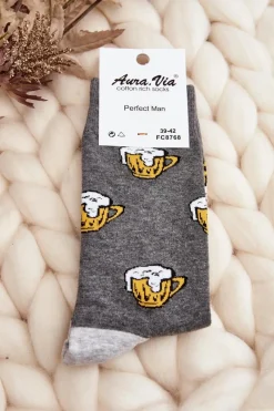 Best Aura.via Męskie Skarpetki We Wzory Piwo Szare Szary