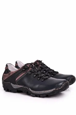 Outlet Męskie Skórzane Półbuty Trekkingowe BEDNAREK Granatowe Męskie Obuwie Trekkingowe Męskie