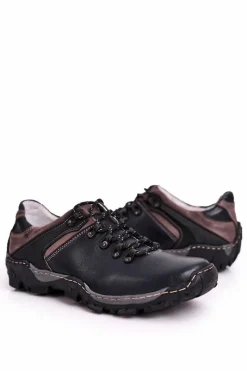 Outlet Męskie Skórzane Półbuty Trekkingowe BEDNAREK Granatowe Męskie Obuwie Trekkingowe Męskie