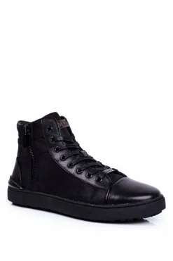 Trampki Wysokie|Trampki Męskie Wysokie>GOE Męskie Trampki Skórzane Czarne GG1N3019