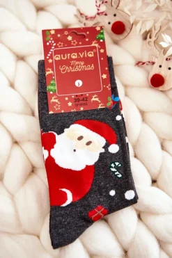 Męskie Świąteczne Bawełniane Skarpetki Z Mikołajem I Reniferem Ciemnoszare Skarpetki|Skarpetki