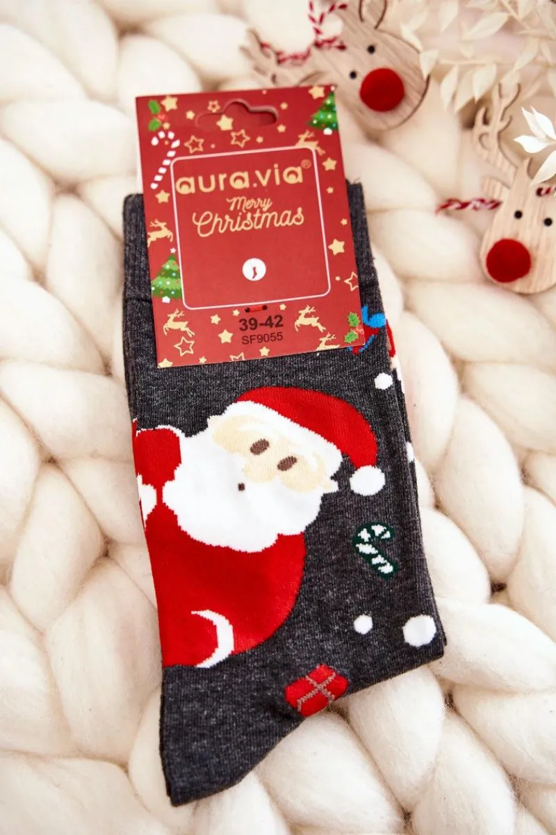 Męskie Świąteczne Bawełniane Skarpetki Z Mikołajem I Reniferem Ciemnoszare Skarpetki|Skarpetki