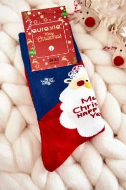 Online Aura.via Męskie Świąteczne Bawełniane Skarpetki Z Mikołajem Granatowo-Czerwone