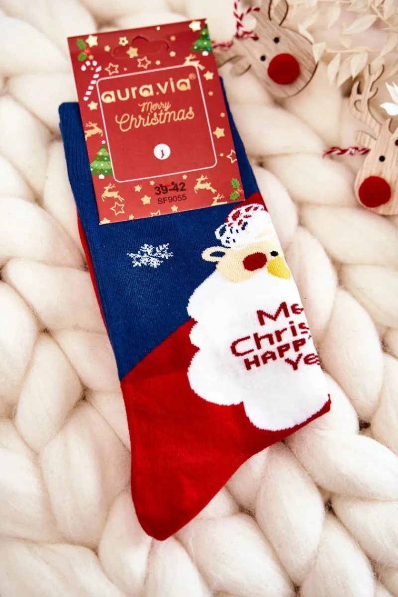 Online Aura.via Męskie Świąteczne Bawełniane Skarpetki Z Mikołajem Granatowo-Czerwone