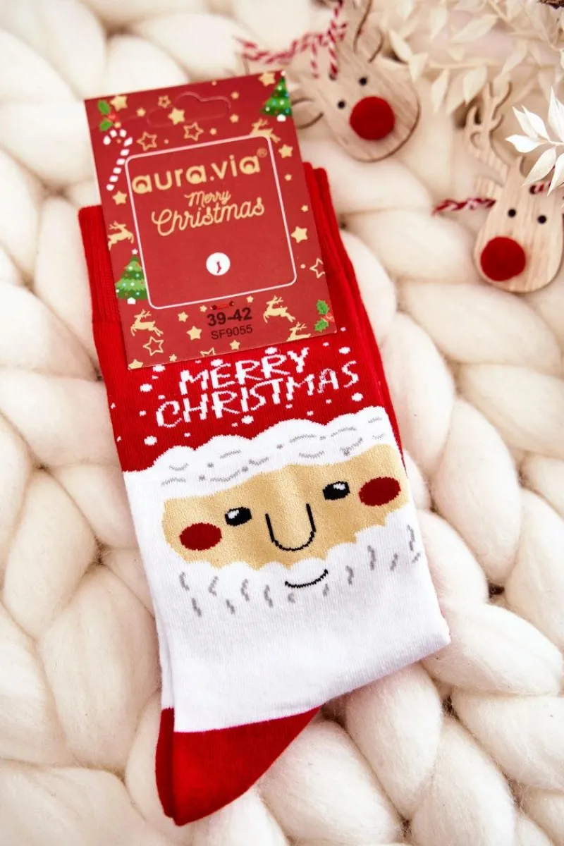 Skarpetki|Skarpetki>Aura.via Męskie Świąteczne Bawełniane Skarpetki Z Mikołajem Czerwone Czerwony