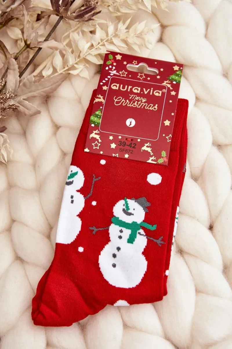 Skarpetki|Skarpetki>Aura.via Męskie Świąteczne Bawełniane Skarpetki Z Bałwanami Czerwone