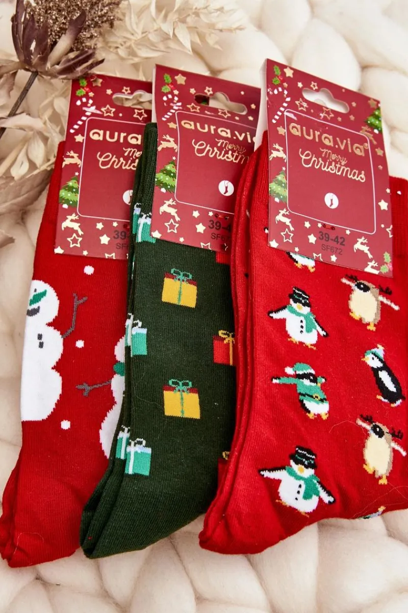 Skarpetki|Skarpetki>Aura.via Męskie Świąteczne Bawełniane Skarpetki Z Bałwanami Czerwone