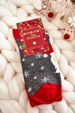 Outlet Aura.via Męskie Świąteczne Skarpetki Mikołaj Szaro-Czerwone