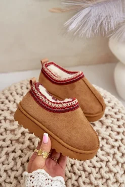 Sale Boto Śniegowce Botki Dziecięce Na Platformie Ocieplane Futerkiem Camel Vilabria Brązowy