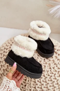 Hot Boto Śniegowce Botki Dziecięce Z Futerkiem I Wzorem Czarne Melefia Czarny