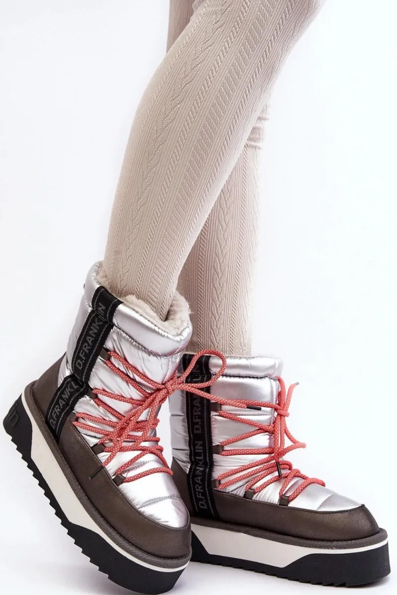 Śniegowce Damskie>D.Franklin Śniegowce Damskie Na Grubej Podeszwie Wegańskie DFSH371006 Srebrne Srebrny