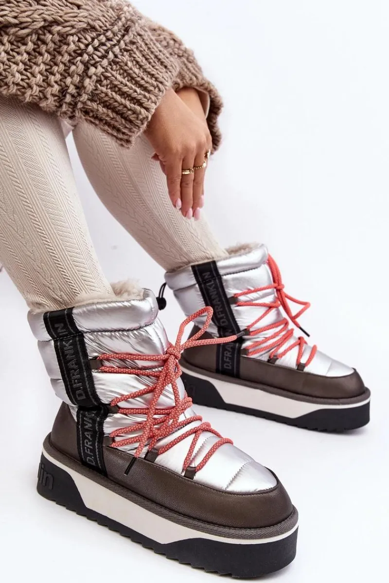 Śniegowce Damskie>D.Franklin Śniegowce Damskie Na Grubej Podeszwie Wegańskie DFSH371006 Srebrne Srebrny