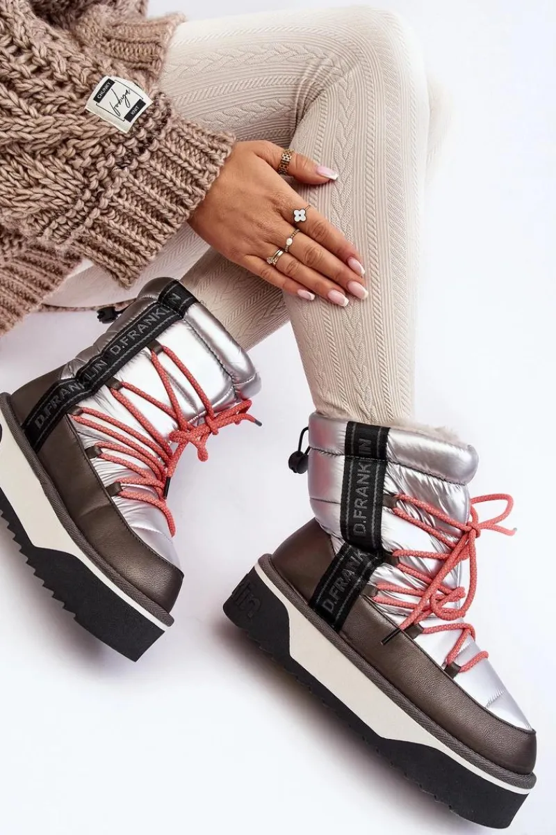 Śniegowce Damskie>D.Franklin Śniegowce Damskie Na Grubej Podeszwie Wegańskie DFSH371006 Srebrne Srebrny