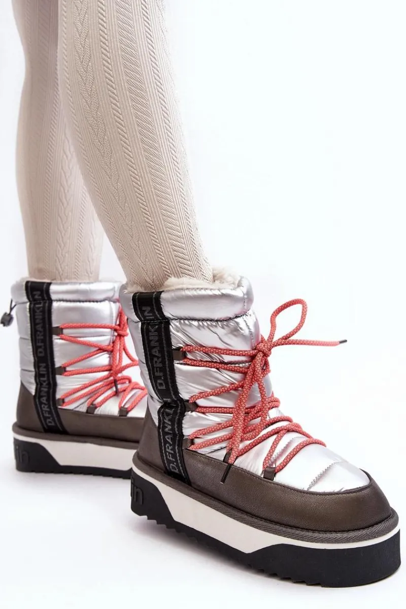 Śniegowce Damskie>D.Franklin Śniegowce Damskie Na Grubej Podeszwie Wegańskie DFSH371006 Srebrne Srebrny