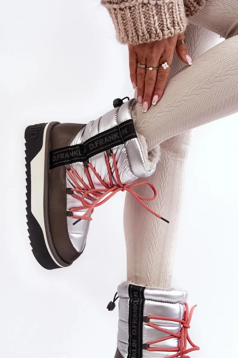 Śniegowce Damskie>D.Franklin Śniegowce Damskie Na Grubej Podeszwie Wegańskie DFSH371006 Srebrne Srebrny