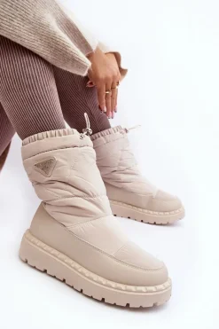 Boto Śniegowce Damskie Na Grubej Podeszwie Jasnobeżowe Lureta