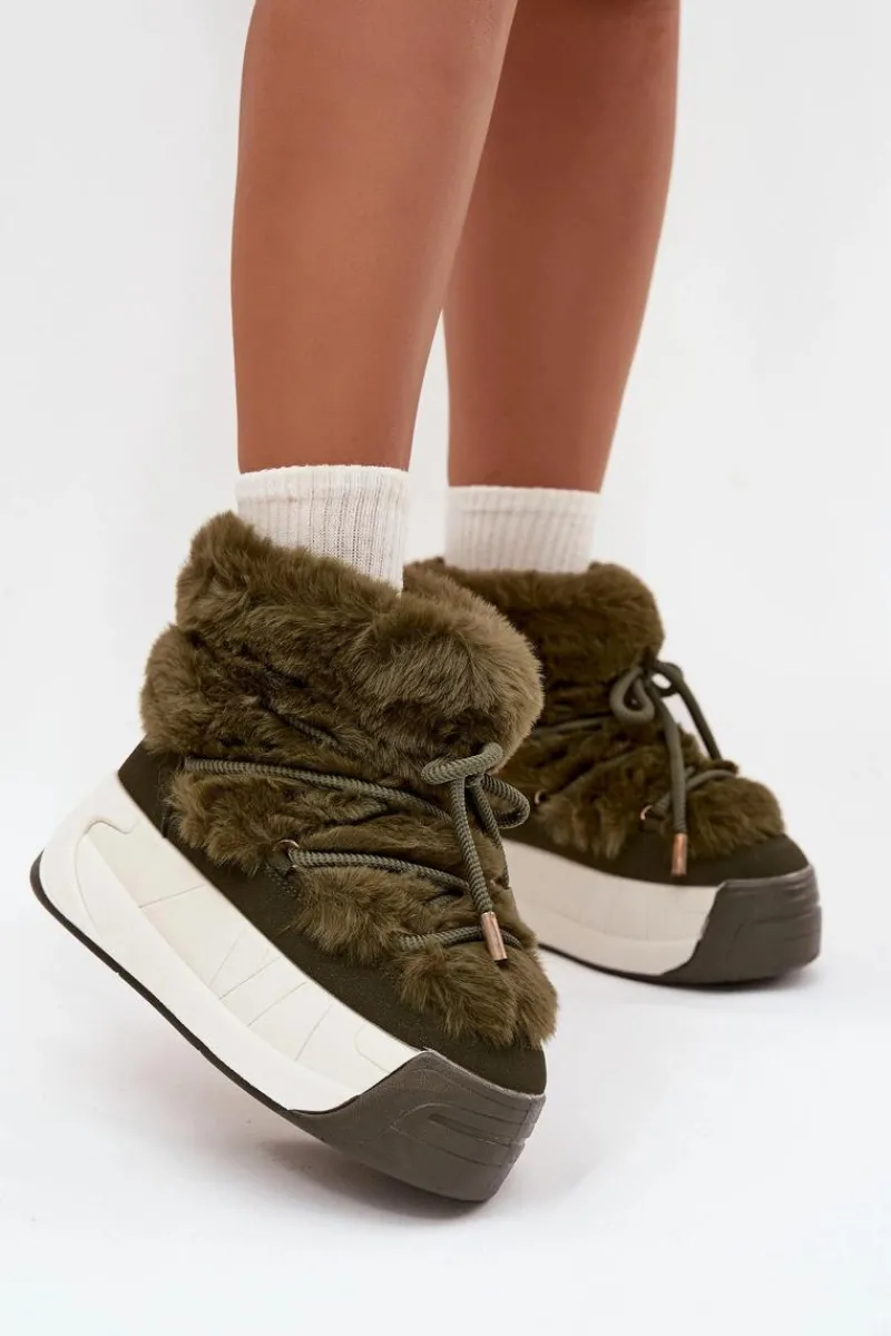 Śniegowce Damskie>Boto Śniegowce Damskie Na Masywnej Platformie Z Wiązaniem I Futerkiem Ciemnozielone Kalivira