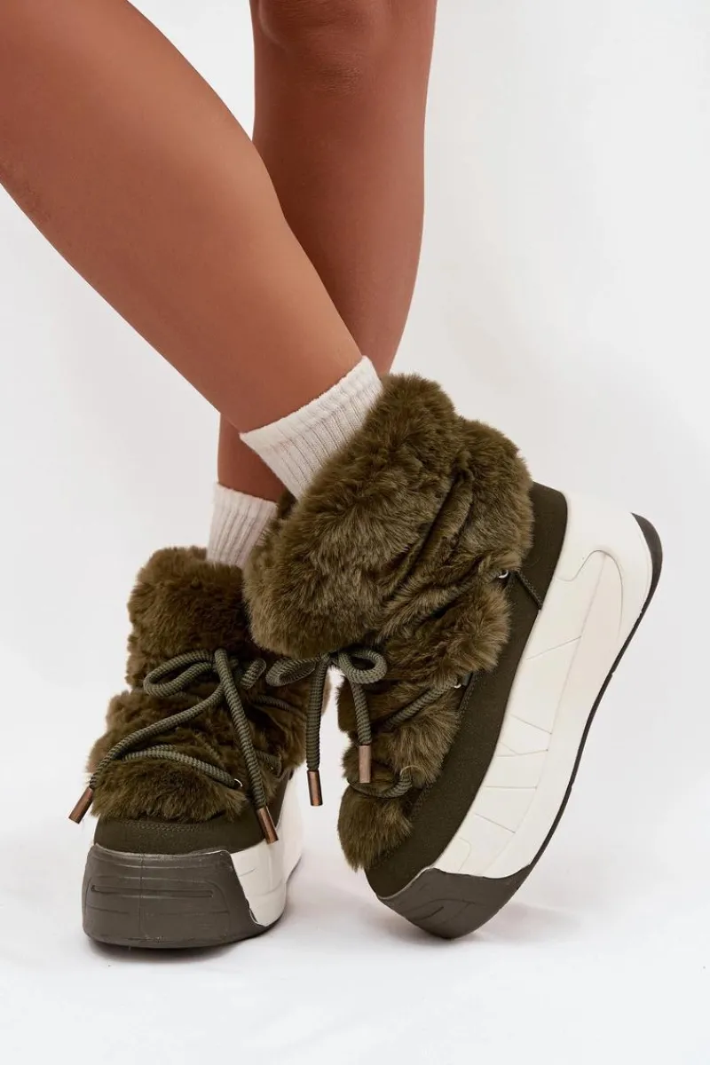 Śniegowce Damskie>Boto Śniegowce Damskie Na Masywnej Platformie Z Wiązaniem I Futerkiem Ciemnozielone Kalivira