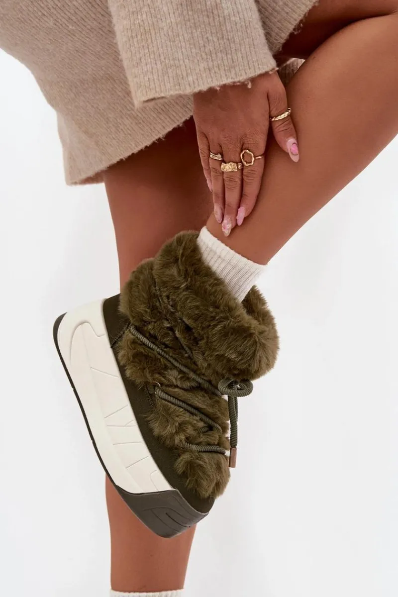 Śniegowce Damskie>Boto Śniegowce Damskie Na Masywnej Platformie Z Wiązaniem I Futerkiem Ciemnozielone Kalivira