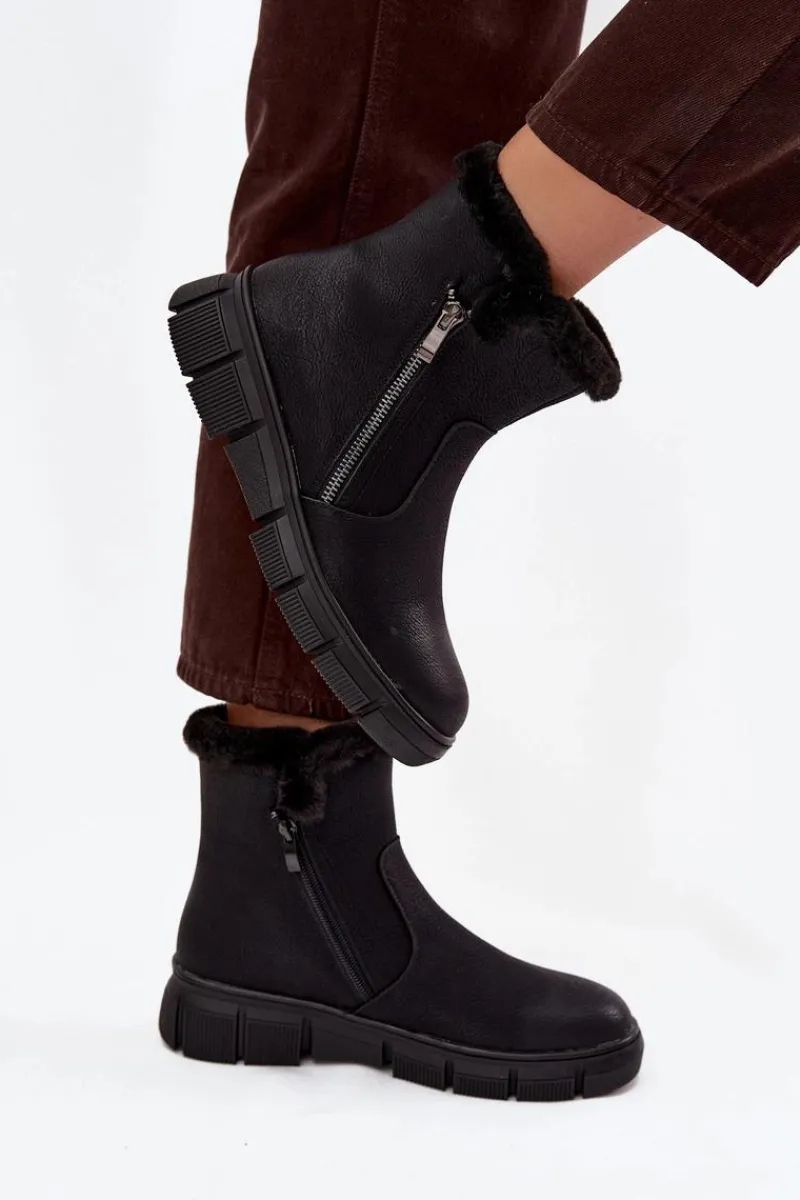 Best Evento Śniegowce Damskie Na Platformie Z Futerkiem Czarne Briselle Czarny